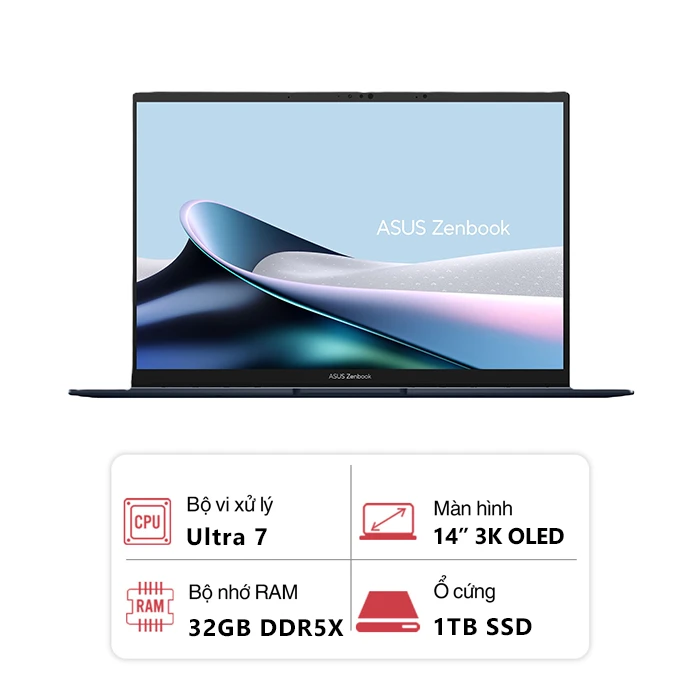 Laptop Asus Zenbook 14 OLED UX3405MA-PP152W (Intel Core Ultra 7 255H/ 32GB/ 1TB/ Intel Arc/ 14 inch 3K OLED 120 Hz/ Win 11SL/ Xanh)