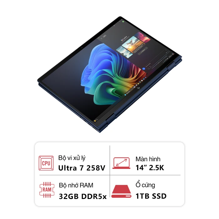Laptop HP EliteBook X Flip G1i B9FN2PT (Intel Core Ultra 7 258V/ 32GB/ 1TB/ Intel Arc Graphics/ 14" 2.5K/ Cảm ứng/ Win 11 Pro/ Xanh)