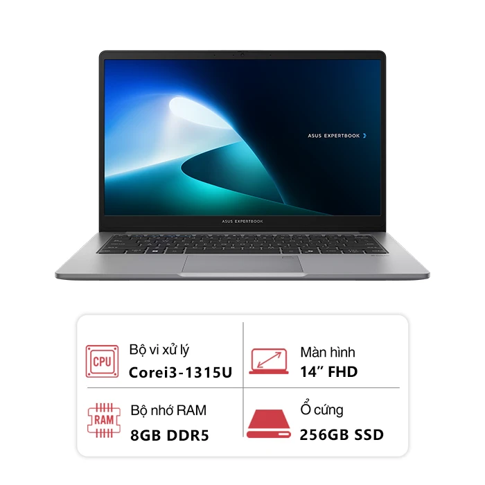 Laptop Asus ExpertBook P1403CVA-I308256-63W (Intel Core i3-1315U/ 8GB/ 512GB/ Intel UHD/ 14 inch FHD/ Win 11/ Xám)