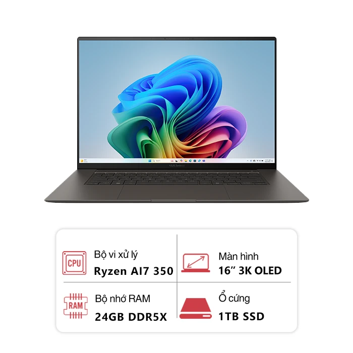 Laptop Asus Zenbook 16 OLED UM5606KA-RK127WS (AMD Ryzen AI 7 350/ 24GB/ 1TB/ 16 inch 3K OLED/ Win 11SL/ Xám)