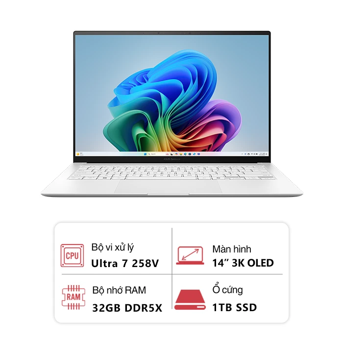 Laptop Asus Zenbook 14 OLED UX5406SA-PV140WS (Intel Core Ultra 7 258V/ 32GB/ 1TB/ 14 inch 3K OLED/ Win 11SL/ Trắng)